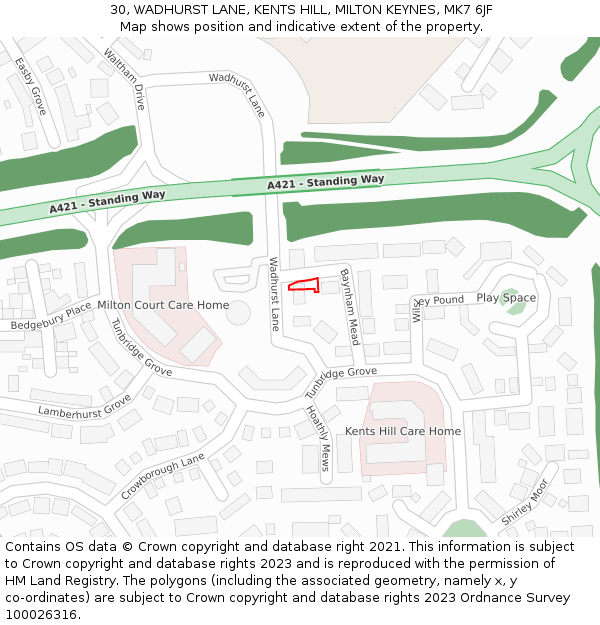 30, WADHURST LANE, KENTS HILL, MILTON KEYNES, MK7 6JF: Location map and indicative extent of plot