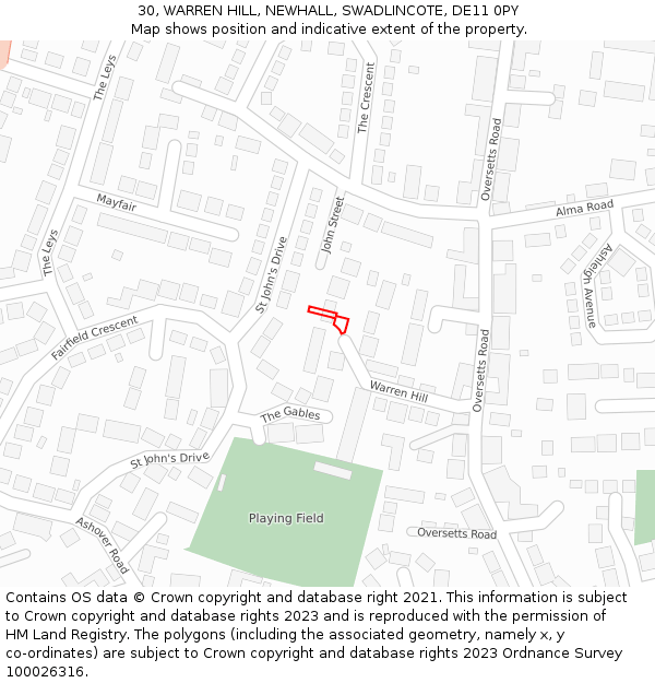 30, WARREN HILL, NEWHALL, SWADLINCOTE, DE11 0PY: Location map and indicative extent of plot