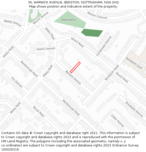 30, WARWICK AVENUE, BEESTON, NOTTINGHAM, NG9 2HQ: Location map and indicative extent of plot