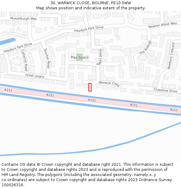 30, WARWICK CLOSE, BOURNE, PE10 0WW: Location map and indicative extent of plot