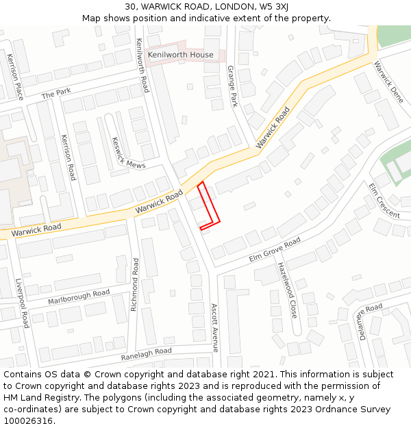 30, WARWICK ROAD, LONDON, W5 3XJ: Location map and indicative extent of plot