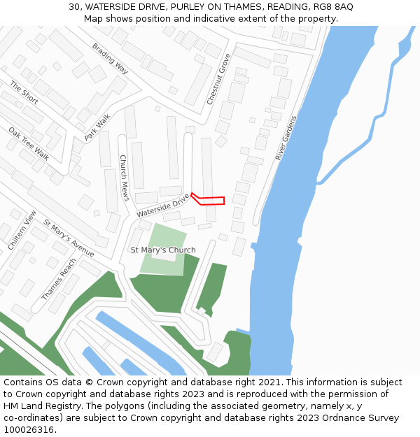 30, WATERSIDE DRIVE, PURLEY ON THAMES, READING, RG8 8AQ: Location map and indicative extent of plot