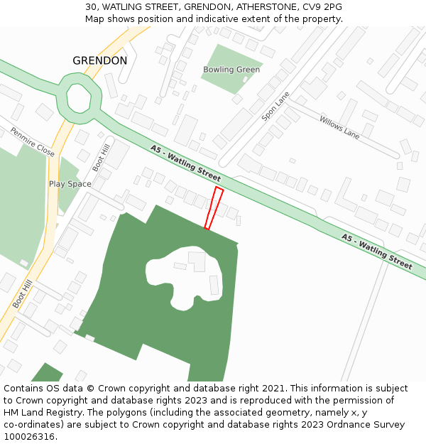 30, WATLING STREET, GRENDON, ATHERSTONE, CV9 2PG: Location map and indicative extent of plot