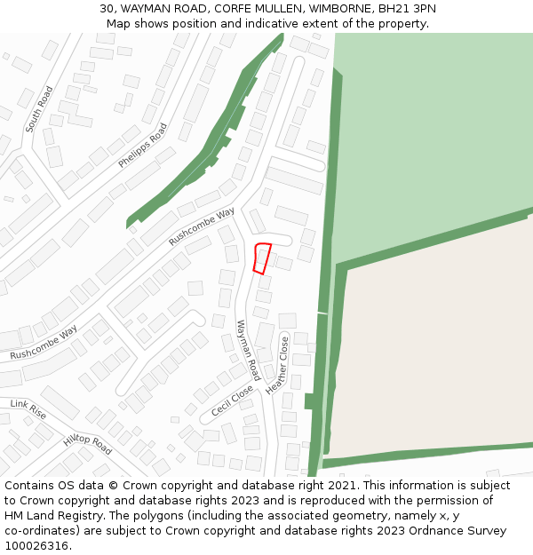 30, WAYMAN ROAD, CORFE MULLEN, WIMBORNE, BH21 3PN: Location map and indicative extent of plot