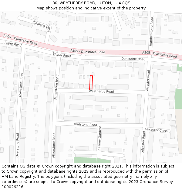 30, WEATHERBY ROAD, LUTON, LU4 8QS: Location map and indicative extent of plot