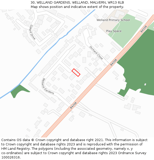 30, WELLAND GARDENS, WELLAND, MALVERN, WR13 6LB: Location map and indicative extent of plot