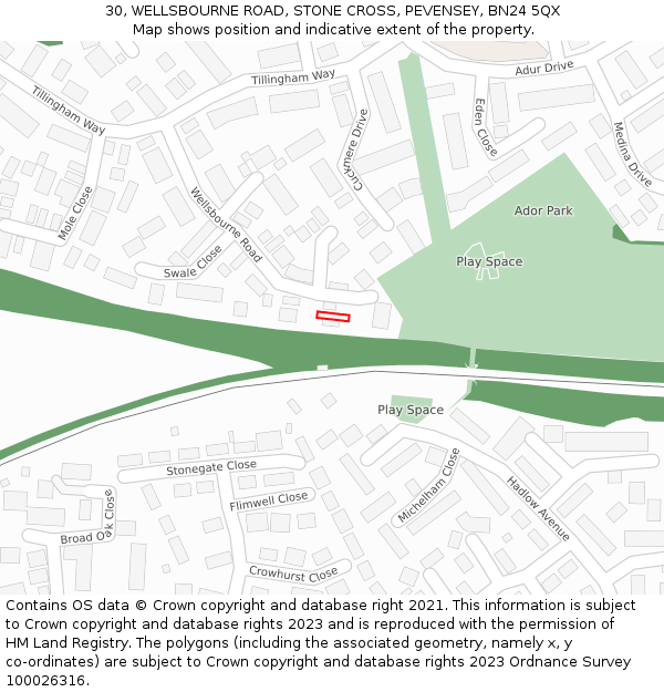 30, WELLSBOURNE ROAD, STONE CROSS, PEVENSEY, BN24 5QX: Location map and indicative extent of plot