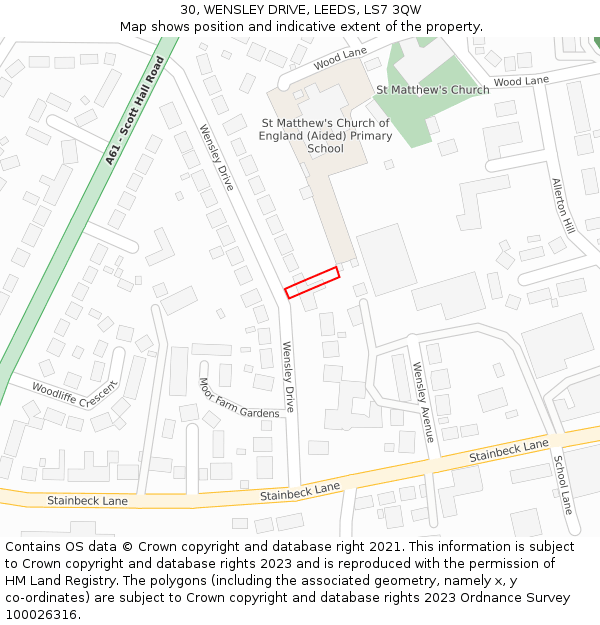 30, WENSLEY DRIVE, LEEDS, LS7 3QW: Location map and indicative extent of plot