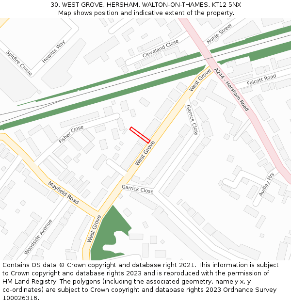 30, WEST GROVE, HERSHAM, WALTON-ON-THAMES, KT12 5NX: Location map and indicative extent of plot