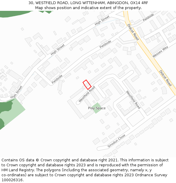 30, WESTFIELD ROAD, LONG WITTENHAM, ABINGDON, OX14 4RF: Location map and indicative extent of plot