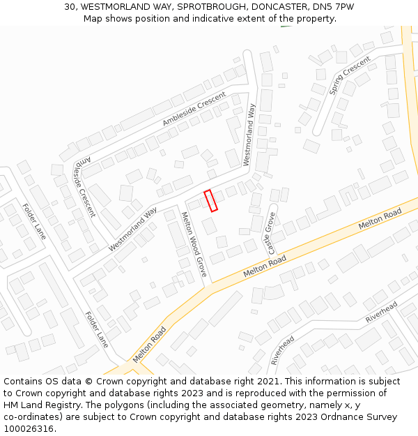 30, WESTMORLAND WAY, SPROTBROUGH, DONCASTER, DN5 7PW: Location map and indicative extent of plot