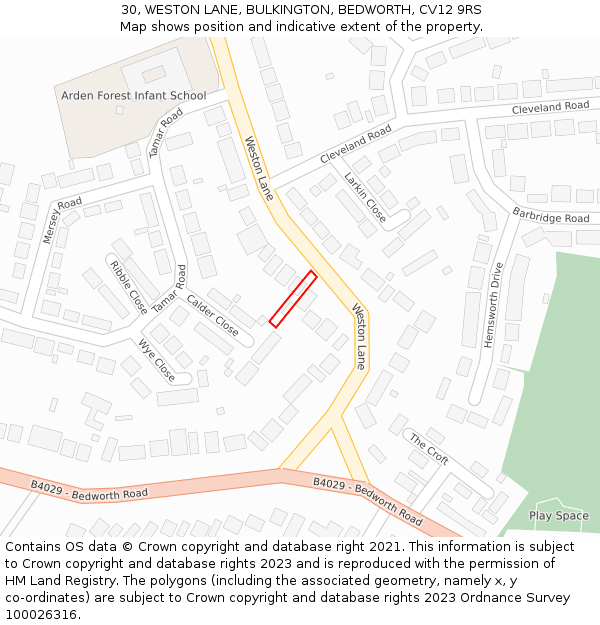 30, WESTON LANE, BULKINGTON, BEDWORTH, CV12 9RS: Location map and indicative extent of plot