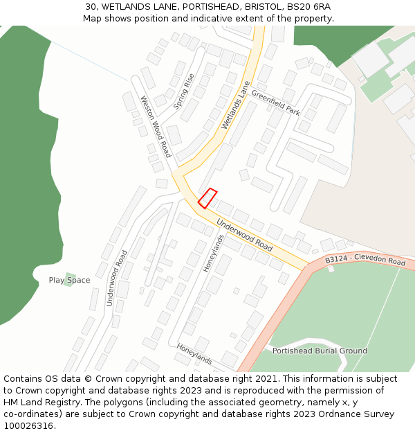 30, WETLANDS LANE, PORTISHEAD, BRISTOL, BS20 6RA: Location map and indicative extent of plot