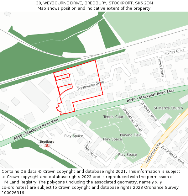 30, WEYBOURNE DRIVE, BREDBURY, STOCKPORT, SK6 2DN: Location map and indicative extent of plot