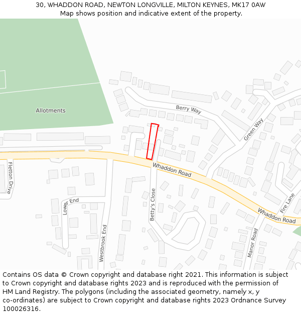 30, WHADDON ROAD, NEWTON LONGVILLE, MILTON KEYNES, MK17 0AW: Location map and indicative extent of plot