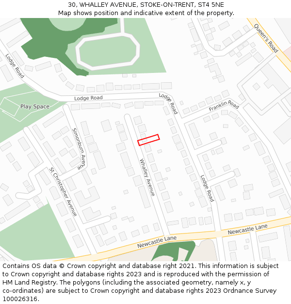 30, WHALLEY AVENUE, STOKE-ON-TRENT, ST4 5NE: Location map and indicative extent of plot