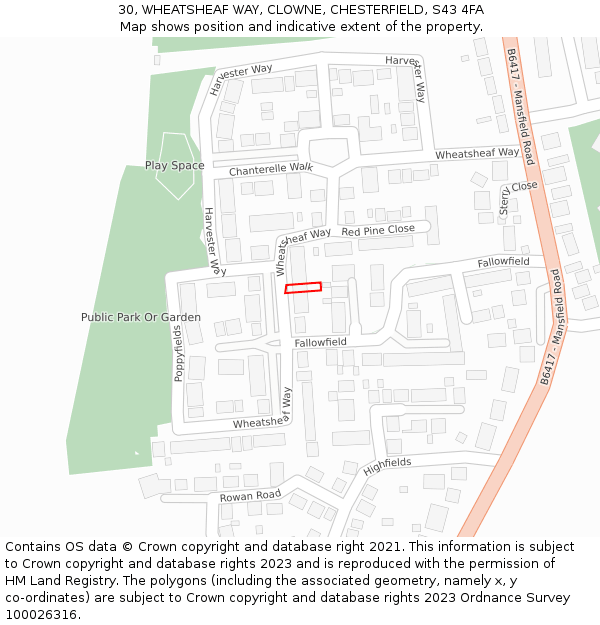 30, WHEATSHEAF WAY, CLOWNE, CHESTERFIELD, S43 4FA: Location map and indicative extent of plot