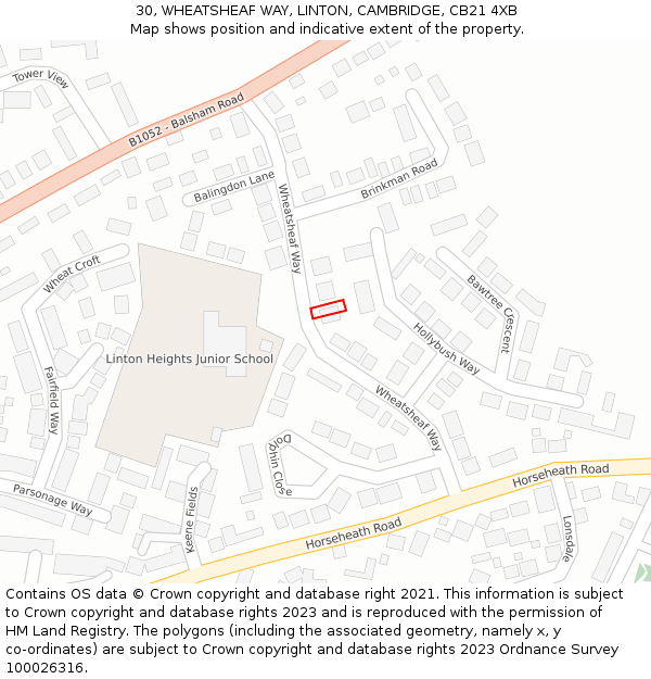 30, WHEATSHEAF WAY, LINTON, CAMBRIDGE, CB21 4XB: Location map and indicative extent of plot