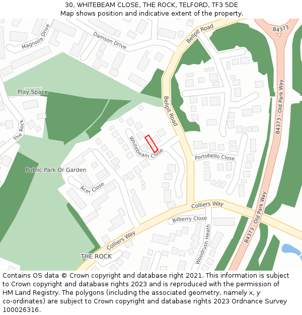 30, WHITEBEAM CLOSE, THE ROCK, TELFORD, TF3 5DE: Location map and indicative extent of plot