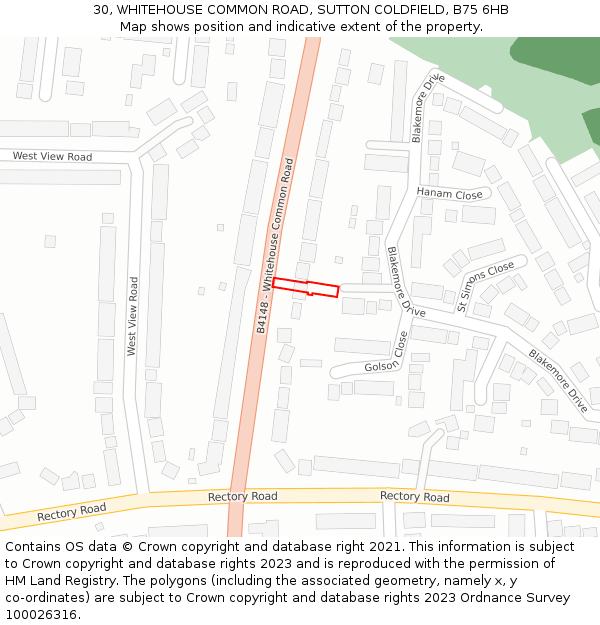 30, WHITEHOUSE COMMON ROAD, SUTTON COLDFIELD, B75 6HB: Location map and indicative extent of plot