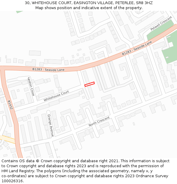 30, WHITEHOUSE COURT, EASINGTON VILLAGE, PETERLEE, SR8 3HZ: Location map and indicative extent of plot