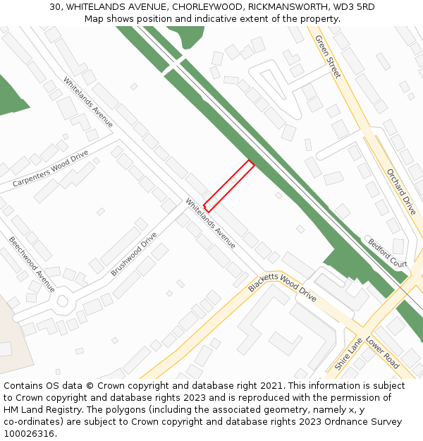 30, WHITELANDS AVENUE, CHORLEYWOOD, RICKMANSWORTH, WD3 5RD: Location map and indicative extent of plot