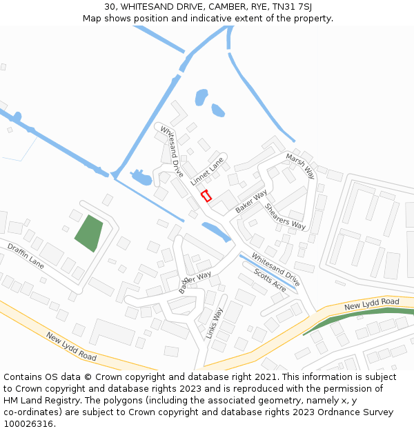 30, WHITESAND DRIVE, CAMBER, RYE, TN31 7SJ: Location map and indicative extent of plot