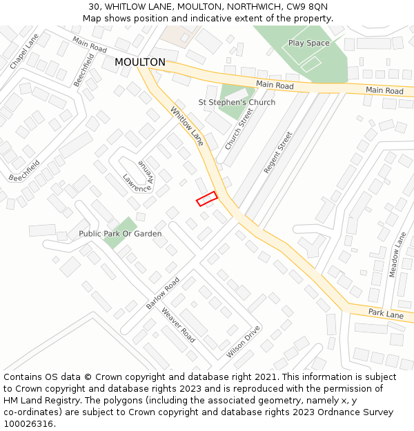 30, WHITLOW LANE, MOULTON, NORTHWICH, CW9 8QN: Location map and indicative extent of plot