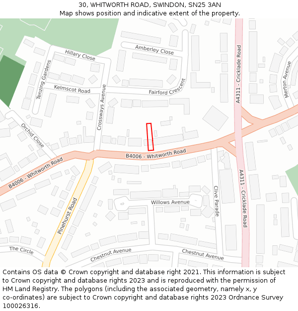 30, WHITWORTH ROAD, SWINDON, SN25 3AN: Location map and indicative extent of plot