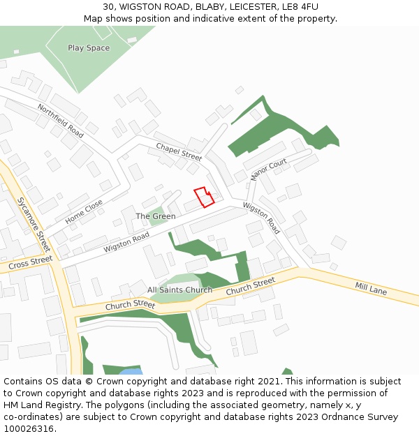 30, WIGSTON ROAD, BLABY, LEICESTER, LE8 4FU: Location map and indicative extent of plot