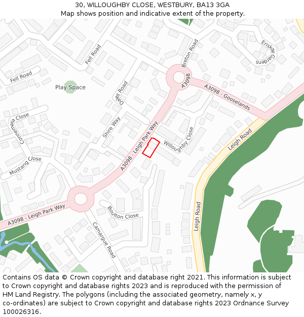 30, WILLOUGHBY CLOSE, WESTBURY, BA13 3GA: Location map and indicative extent of plot