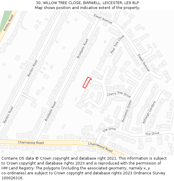 30, WILLOW TREE CLOSE, BARWELL, LEICESTER, LE9 8LP: Location map and indicative extent of plot