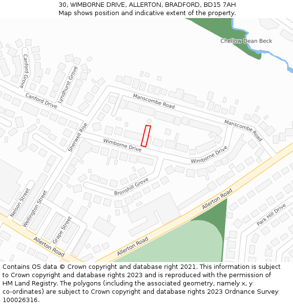 30, WIMBORNE DRIVE, ALLERTON, BRADFORD, BD15 7AH: Location map and indicative extent of plot