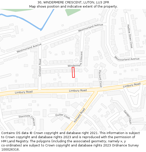 30, WINDERMERE CRESCENT, LUTON, LU3 2PR: Location map and indicative extent of plot