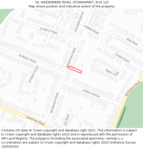 30, WINDERMERE ROAD, STOWMARKET, IP14 1LR: Location map and indicative extent of plot