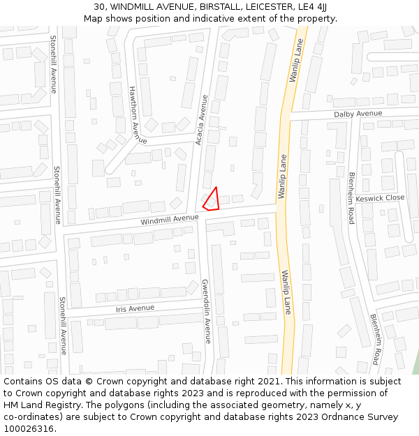 30, WINDMILL AVENUE, BIRSTALL, LEICESTER, LE4 4JJ: Location map and indicative extent of plot