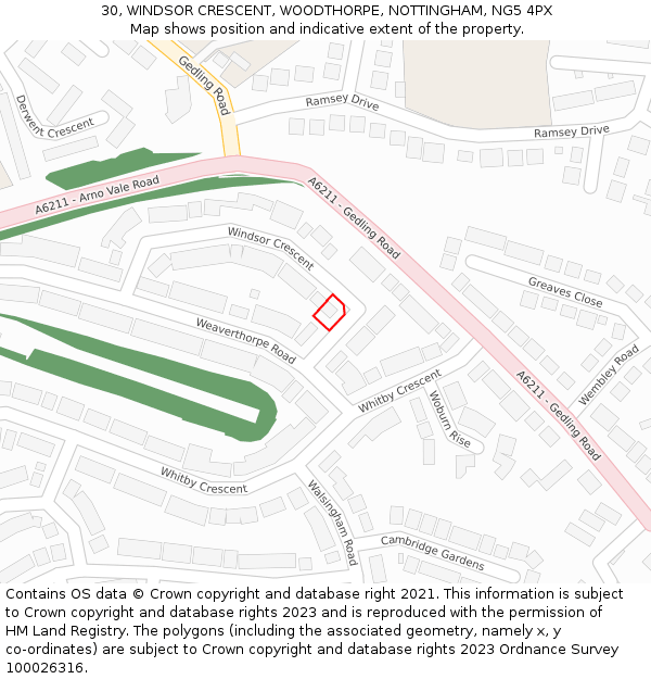 30, WINDSOR CRESCENT, WOODTHORPE, NOTTINGHAM, NG5 4PX: Location map and indicative extent of plot