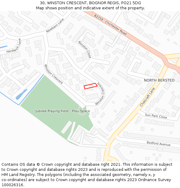 30, WINSTON CRESCENT, BOGNOR REGIS, PO21 5DG: Location map and indicative extent of plot