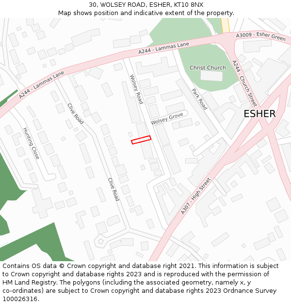 30, WOLSEY ROAD, ESHER, KT10 8NX: Location map and indicative extent of plot