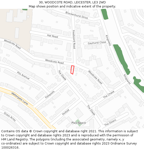 30, WOODCOTE ROAD, LEICESTER, LE3 2WD: Location map and indicative extent of plot