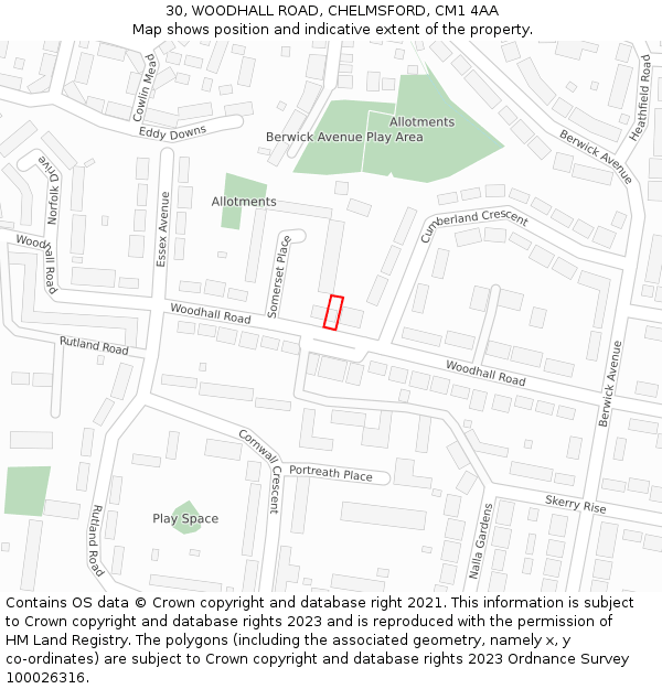 30, WOODHALL ROAD, CHELMSFORD, CM1 4AA: Location map and indicative extent of plot