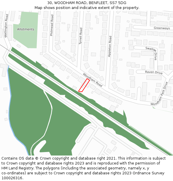 30, WOODHAM ROAD, BENFLEET, SS7 5DG: Location map and indicative extent of plot