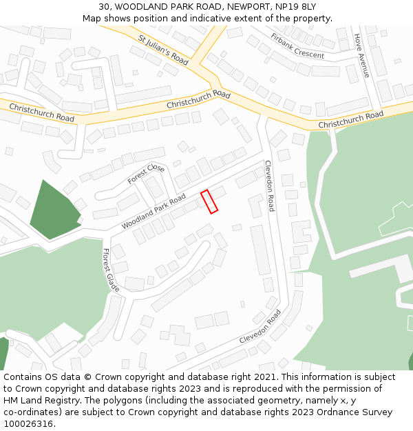 30, WOODLAND PARK ROAD, NEWPORT, NP19 8LY: Location map and indicative extent of plot