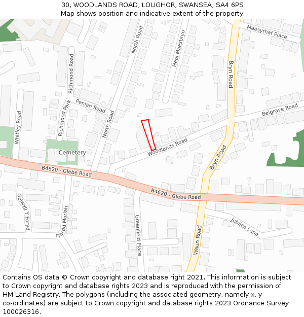 30, WOODLANDS ROAD, LOUGHOR, SWANSEA, SA4 6PS: Location map and indicative extent of plot