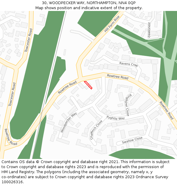 30, WOODPECKER WAY, NORTHAMPTON, NN4 0QP: Location map and indicative extent of plot