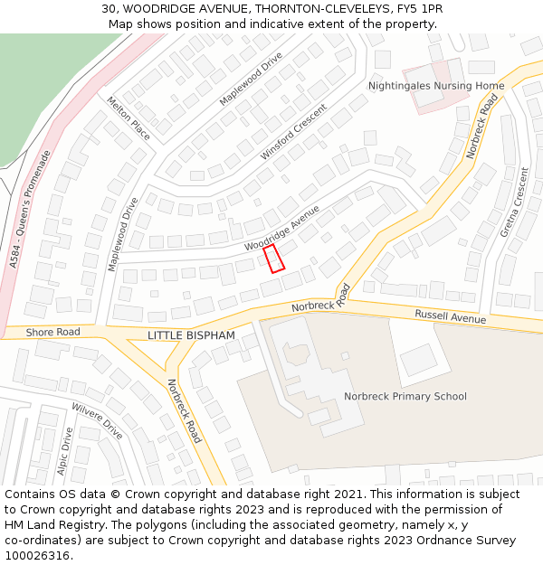 30, WOODRIDGE AVENUE, THORNTON-CLEVELEYS, FY5 1PR: Location map and indicative extent of plot