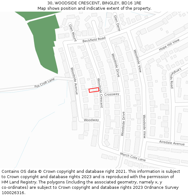 30, WOODSIDE CRESCENT, BINGLEY, BD16 1RE: Location map and indicative extent of plot