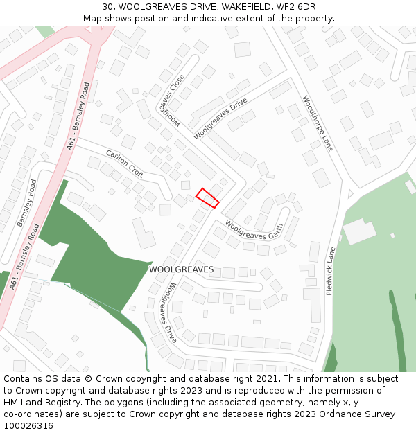 30, WOOLGREAVES DRIVE, WAKEFIELD, WF2 6DR: Location map and indicative extent of plot