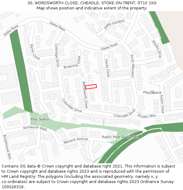 30, WORDSWORTH CLOSE, CHEADLE, STOKE-ON-TRENT, ST10 1XG: Location map and indicative extent of plot