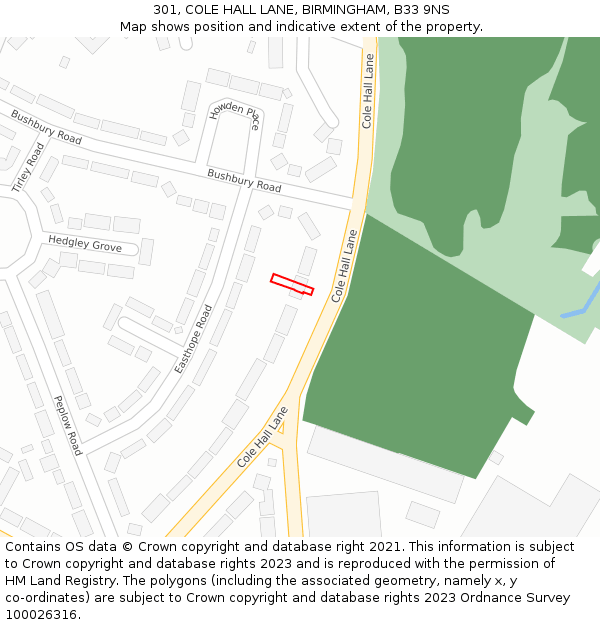 301, COLE HALL LANE, BIRMINGHAM, B33 9NS: Location map and indicative extent of plot